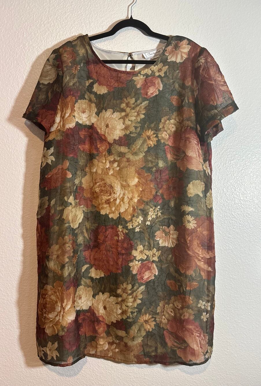 Vintage Size 18 Cottagecore Romantic Crinkled Chiffon Watercolor Floral Dress